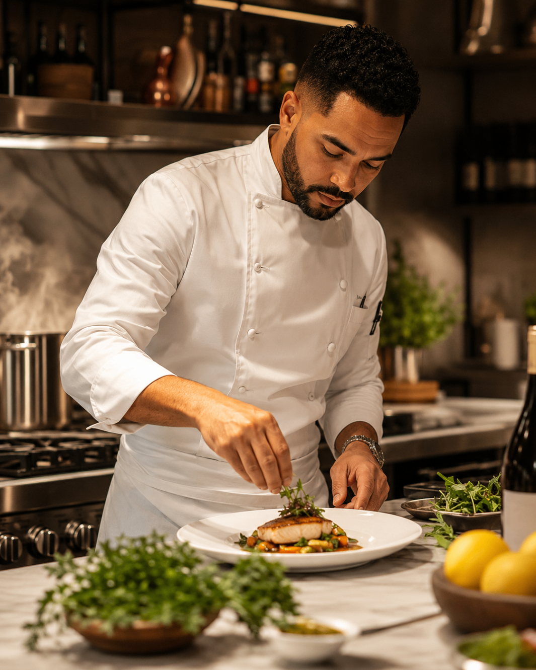Chef JBS finishing a plated course in a private kitchen