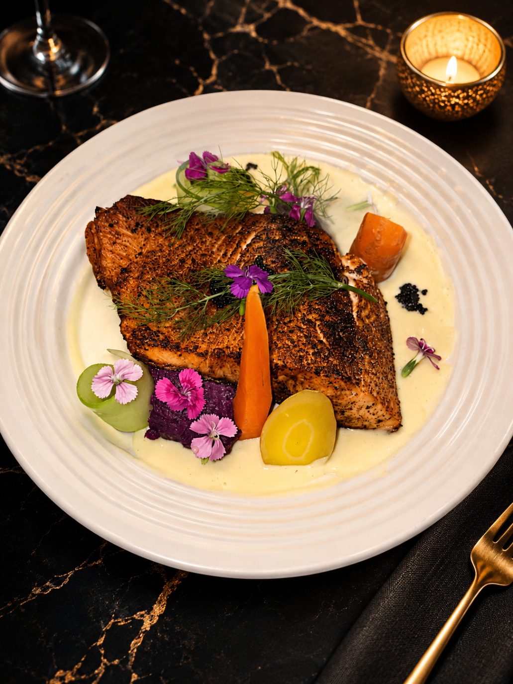 Salmon plated with sauce, vegetables, flowers, and candlelight