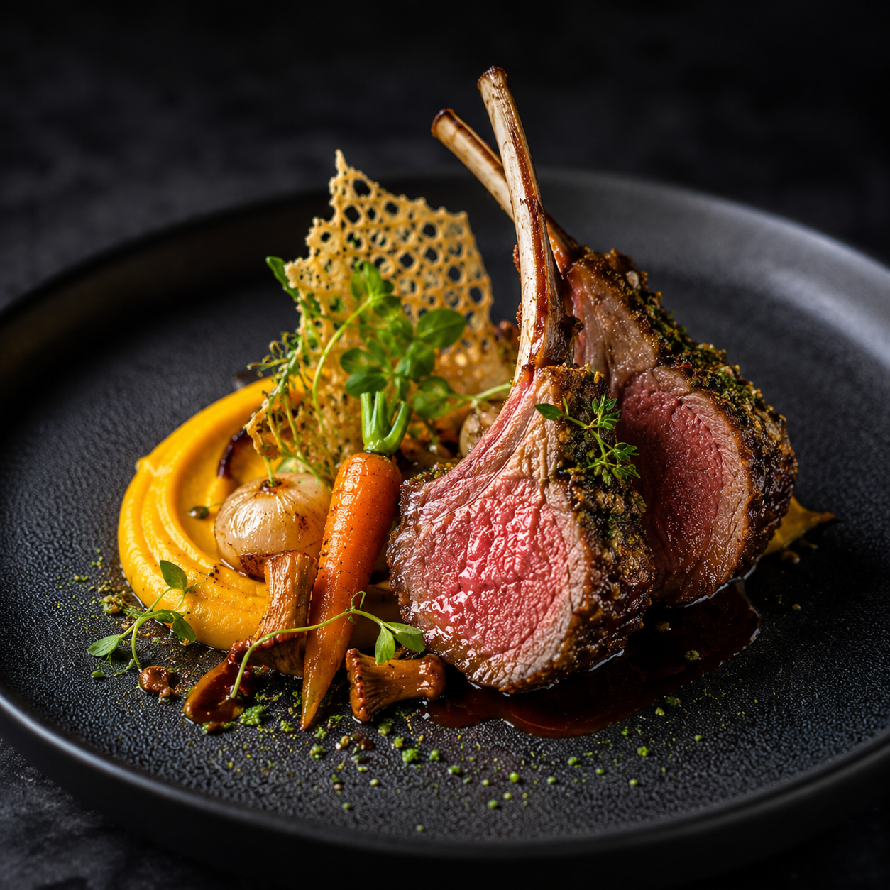 French-style rack of lamb plated with carrot purée, glazed vegetables, and sauce