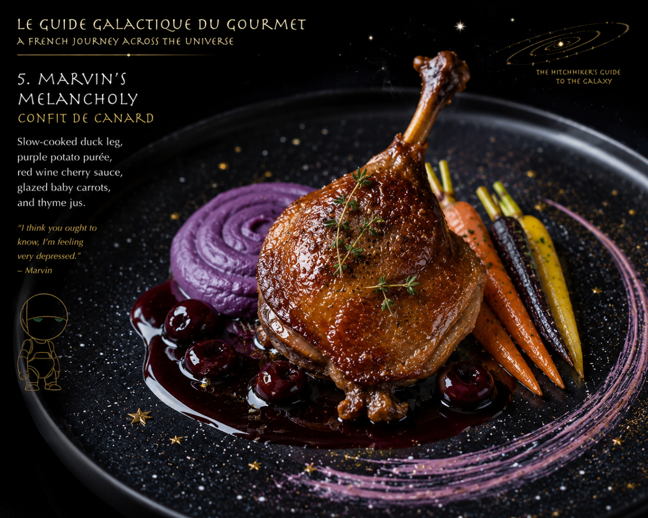Creative plated duck concept artwork titled Le Guide Galactique du Gourmet