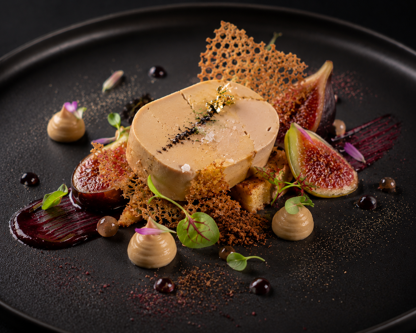 Foie gras style plated course with figs, crisp tuile, and refined garnish on a dark plate