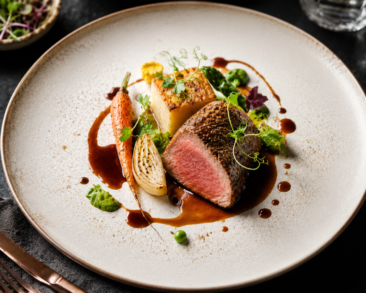 Seared beef plated with jus, carrot, onion, greens, and pommes fondantes on a white plate