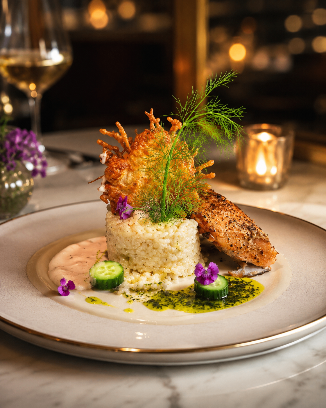 Elegant seafood plate with rice, herbs, and candlelit ambiance
